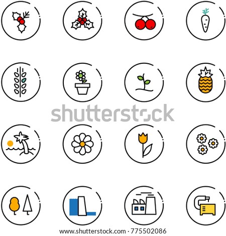 line vector icon set - holly vector, rowanberry, carrot, spica, flower pot, sproute, pineapple, palm, tulip, forest, water power plant, machine tool