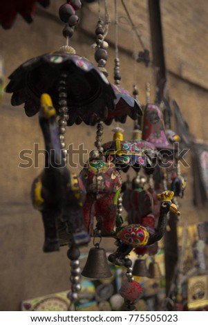 Colorful clay toys and animals for decorative purpose are for sale in city of jaisalmer, India.