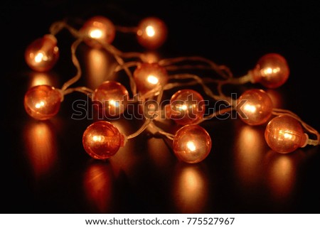 Electric garland with red light bulbs on a black background.
