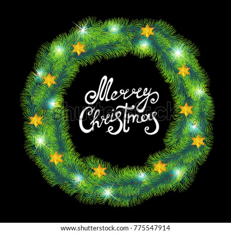 Christmas wreath on black background , vector illustration , fir branches , stars