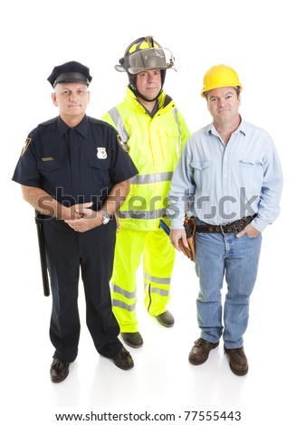 Group of blue collar workers isolated on white, including a firefighter, police officer, and construction worker.