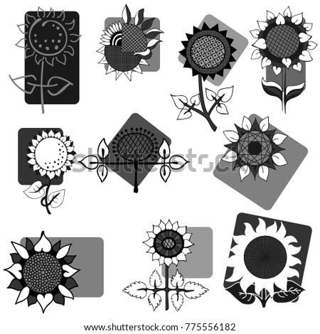 A set of stylized, various sunflowers.
