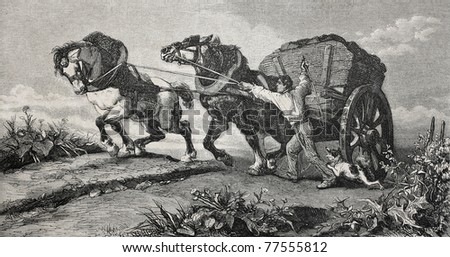 Old illustration of two horses team towing a cart. Created by Verlat, published un L'Illustration Journal Universel, Paris, 1857