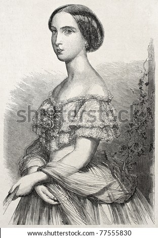 Old engraved portrait of Princess Charlotte of Belgium. Created ny Schubert, published un L'Illustration Journal Universel, Paris, 1857