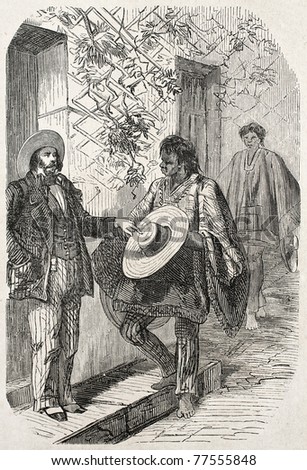 Old illustration of Panama hat Moyobamba native seller. Created by Yan'd,  published on L'Illustration Journal Universel, Paris, 1857