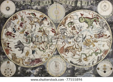 Old sky map depicting boreal and austral hemispheres with constellations and zodiac signs. Created by Frederick De Wit, Amsterdam 1680
