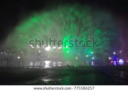 Musical Dancing Fountain in Rizal Park-Liwasang Rizal deemed as the biggest one in the country holds a show of waters soaring up-fireballs-water rockets-peacock spray water screen. Manila-Philippines.