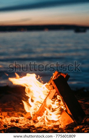 evening fire on the background of city lights, a little wind