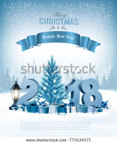Merry Christmas Background with 2018 and gift boxes and blue ribbon. Vector