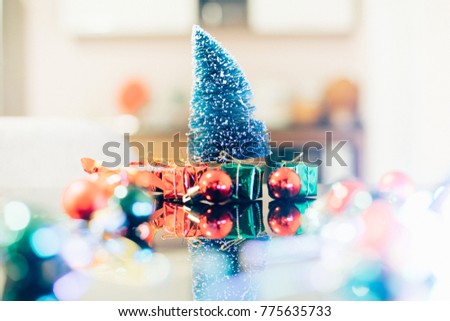 Christmas abstract, blur and bokeh background with gift box and xmas decoration