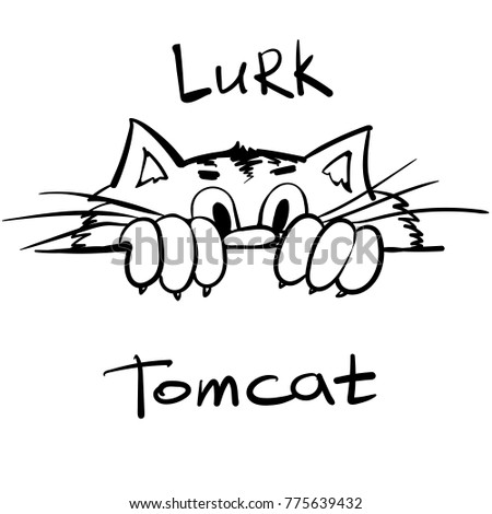 Hand drawing lurk cat. Line art for coloring book. Outline funny kitty cat  for kids design.