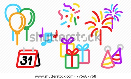 Illustration: Set of Cute Minimalist Modern New Year Icon Outline with Colors on Stripe Background. Easy to Understand For Kids.