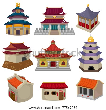 cartoon Chinese house icon set