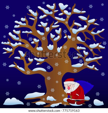 New Year illustration, Tree without leaves in winter (night) covered with snow and snowflakes and Santa Claus with bag walking, cartoon on blue background, 
