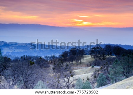 Winter Sunset Views from top of Mount Hamilton. Santa Clara County, California, USA.