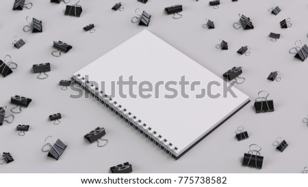 Blank spiral notebook with black binder clips on white table. Business, education or office mockup. 3D rendering illustration.