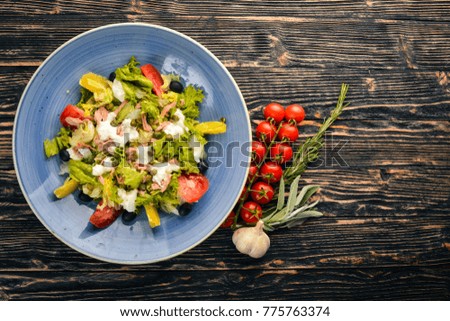 Vegetable salad and mozzarella, tuna and capers. Italian cuisine. Free space for your text. Top view.