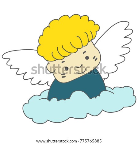 Vector cartoon illustration of a cute little angel on the clouds.