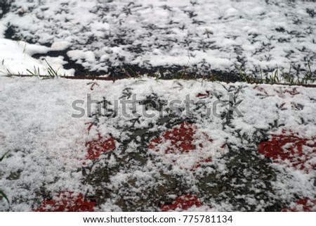 Traces of paws of birds on beautiful white snow. Winter holiday background