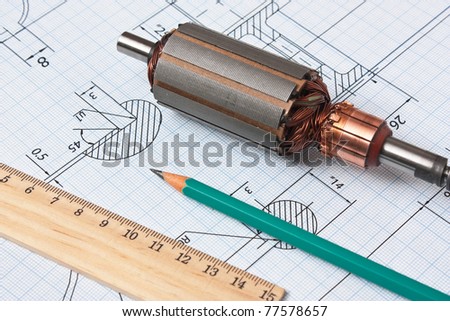 rotor electromotor and technical drawing Royalty-Free Stock Photo #77578657
