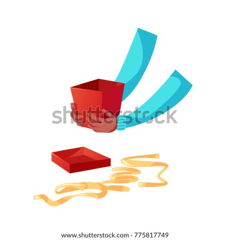 Gift raster illustration, hands of african american person in blue sweater holding opened red gift box. Cover and ribbon are separately. Colorful flat style. Contains clipping mask.