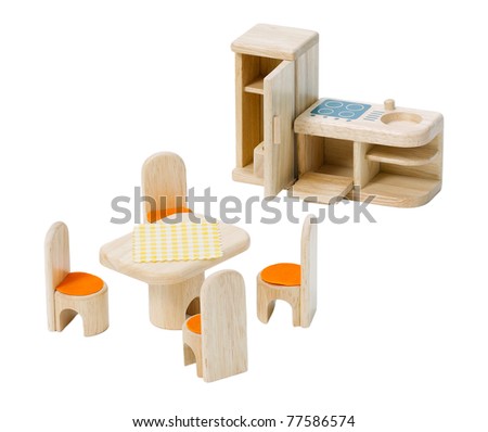 Miniature wooden kitchen toys for kid isolated on white