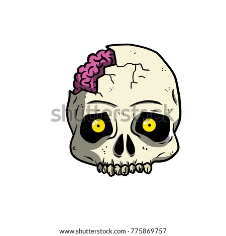 Cartoon illustration - cracked skull with yellow eyes and a brain