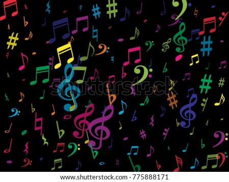 Color flying musical notes isolated on white background. Fresh musical notation symphony signs, notes for sound and tune music. Vector symbols for melody recording, prints and back layers.