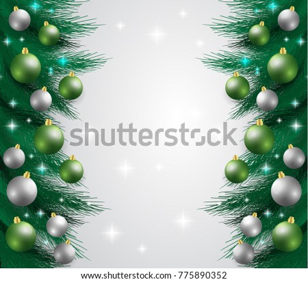 Merry Christmas, New year card and glitter decoration. green and white background with  christmas balls. Vector illustration.