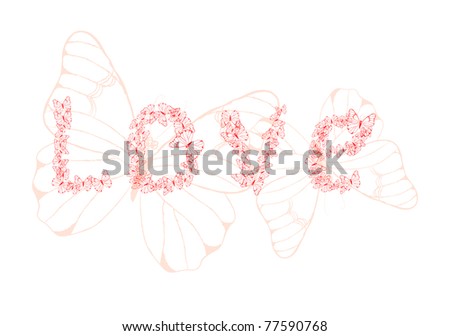 Vector illustration of word love made of pink butterflies