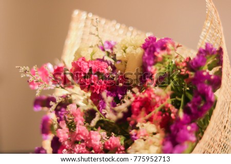 Sweet color chrysanthemums flowers and chamomile flowers in blurred style for the soft background,beautiful Flower bouquet, lighting in studio,soft  focus