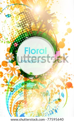 Abstract vector floral summer background with flowers, sun, palms and ladybird for holiday design. eps 10.