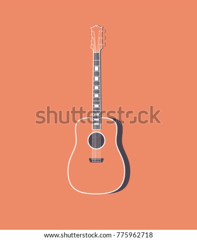 Acoustic Guitar Flat Colors Illustration, Simple Vector Image of a Musical Instrument.