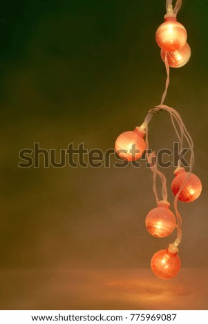Electric garland with red lanterns covered with frost on a green background.