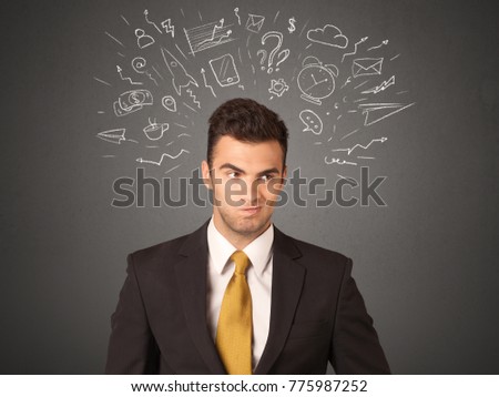 Young businessman with white social icons around his head 