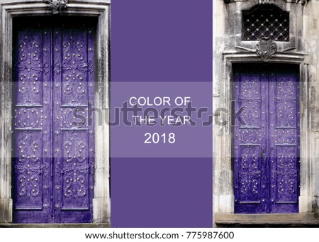 Trendy color concept. Set with ultra violet color in architecture. Metal door gate in the old city.Decor of metal in exterior.
