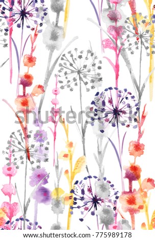 Watercolor sweet colorful color wild floral pattern, delicate flower wallpaper, wildflowers color flower,pink,tansy, pansies.Wallpaper on a white background 