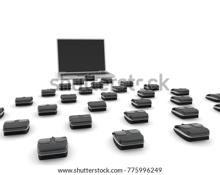 3D image of a laptop to run down a flock of a computer mouse. The idea of popularity, multi-channel connections, big opportunities. 3D rendering on white background, isolated.
