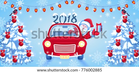 Christmas card with Santa Claus in red car with gift box and fir tree with red balls. New Year postcard.