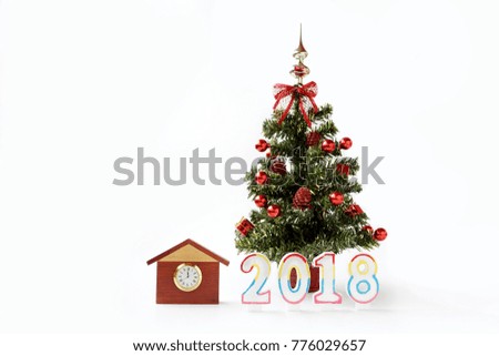 on a white background, green spruce, house, clock inscription 2018