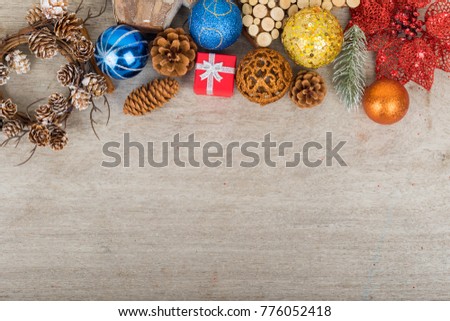 Christmas holidays composition with decorations and gifts on white wooden board background with copy space for your text. Flat lay, top view