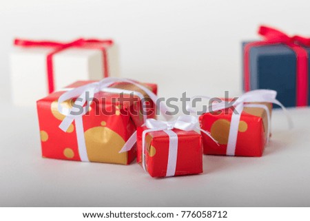 Christmas gift boxes and decoration in white background