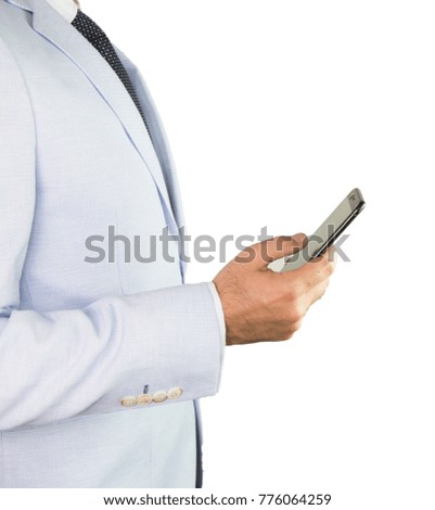 Close up of a business man using mobile smart phone, isolated on white background.