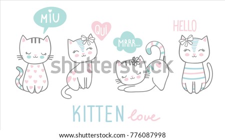 Set of cute vector girly kittens with lettering