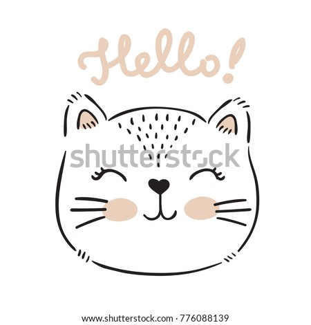  Vector hand drawn cute cat's face saying Hello. Isolated illustration with lettering on white background