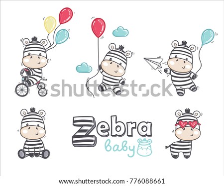 Set of funny cartoon zebras on white background. Cute colorful baby zebras on bike, with glasses and baloons