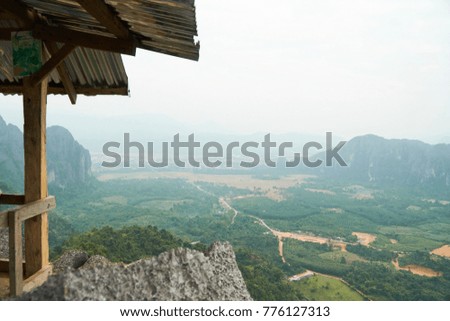 Vang Vieng City, Lao - December 12, 2017: The beautiful Aerial view of Mountains in Vang Vieng City. This photo was taken in the Phou Pha ngoen or Silver Cliff.