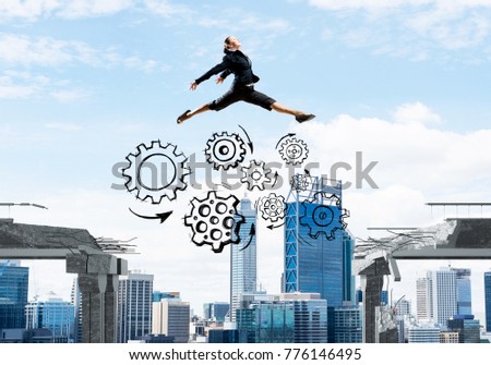 Business woman jumping over gap with gear mechanism in concrete bridge as symbol of overcoming challenges. Cityscape on background. 3D rendering.