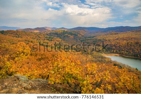 a large reservoir, top view. autumn forest and high blue sky, Primorsky Krai