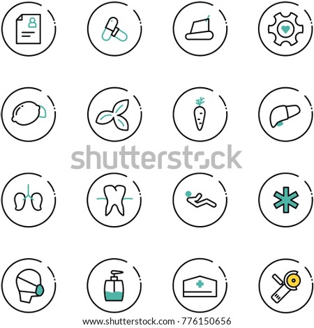 line vector icon set - patient card vector, pills, treadmill, heart gear, lemon, three leafs, carrot, liver, lungs, tooth, abdominal muscles, ambulance star, medical mask, liquid soap, doctor hat